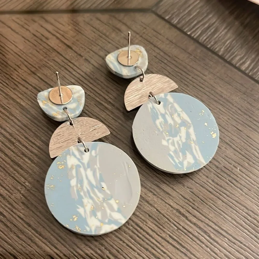 Soft Pottery Material Blue Marbled With Gold Foil Accent Geometric Drop Earrings
